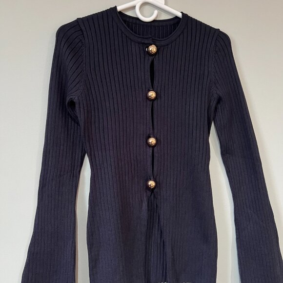 Commense Golden Button Split Knit Navy Top Size XS - Picture 5 of 7